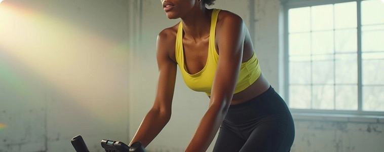 Mulher na bicicleta com seu rosto direcionado a esquerda